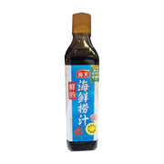 海天海鲜捞汁瓶装正面图，蓝色标签上印有鲜的海鲜捞汁字样及大虾图案