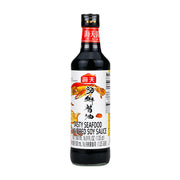 海天海鲜酱油500ml瓶装，白色标签印有螃蟹图案，标注Tasty Seafood Flavored Soy Sauce。