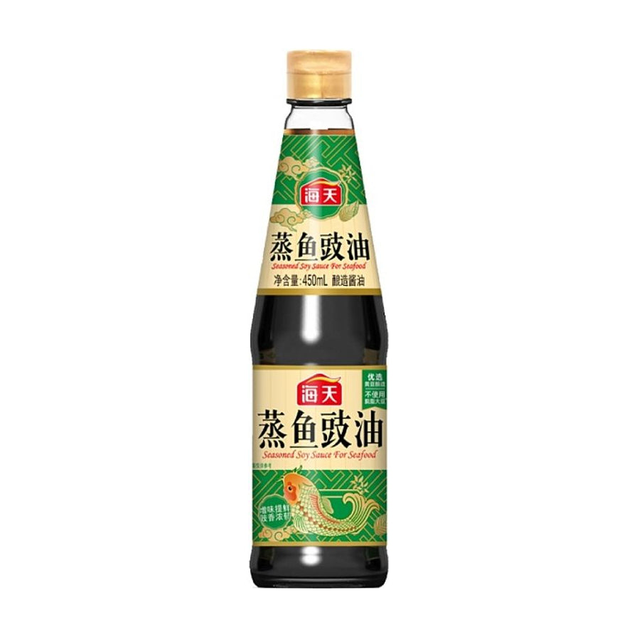 海天蒸鱼豉油450ml瓶装正面图，标签上印有锦鲤图案和产品名称。