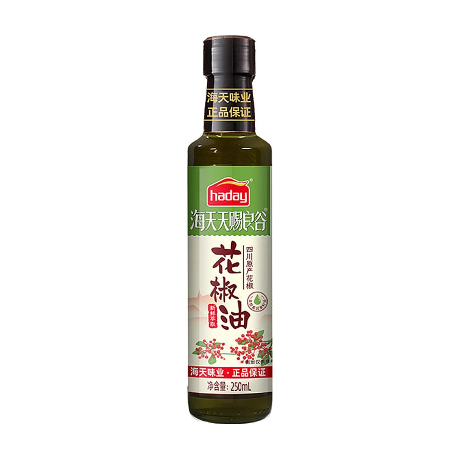 海天天赐良谷花椒油250ml瓶装正面图，白色标签印有红色花椒图案，标注四川原产花椒。