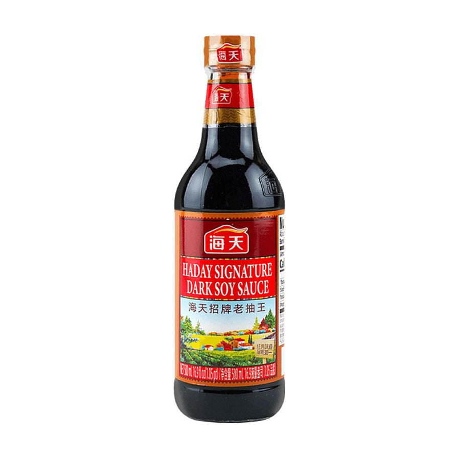海天招牌老抽王瓶装正面图，展示红色标签、Hadai Signature Dark Soy Sauce 英文标识及田园风景图案。