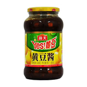 海天黄豆酱800克瓶装正面图，展示绿色标签、大豆图案及Yes!黄豆标识。