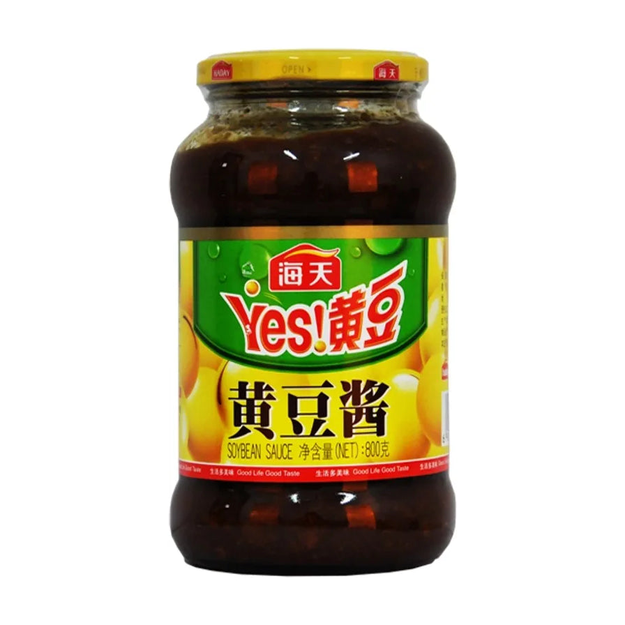 海天黄豆酱800克瓶装正面图，展示绿色标签、大豆图案及Yes!黄豆标识。