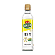 海天白米醋450ml瓶装，标签显示酿造食醋，不含防腐剂，优选大米酿造。