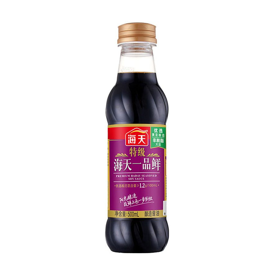 海天一品鲜特级酱油500ml瓶装正面图，紫色标签，标注有特级、阳光酿造等字样。