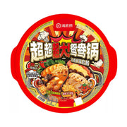 海底捞超大鸳鸯自煮火锅套餐包装正面图，包含宁夏风味辣糊糊和番茄牛肉两种口味，展示了丰富的食材插画及15分钟自加热标识。