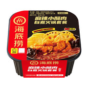 海底捞麻辣小酥肉自煮火锅套餐包装正面图，展示了包含小酥肉、藕片、木耳和粉丝的火锅成品效果图，包装上有海底捞品牌标识。