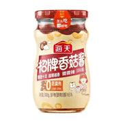 海天招牌香菇酱瓶装正面图，标签显示微微辣、0 防腐剂及净含量 300g。