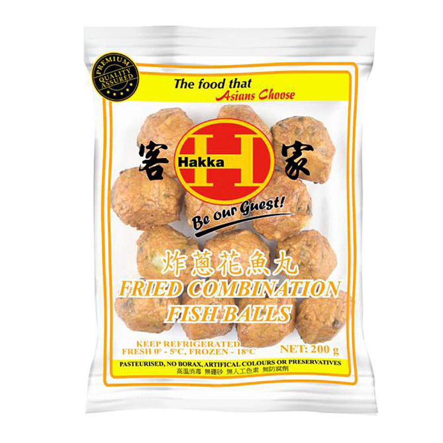 客家炸葱花鱼球200g正面包装图，透明包装可见内部金黄色鱼丸，印有Hakka品牌标识及炸葱花鱼丸字样。