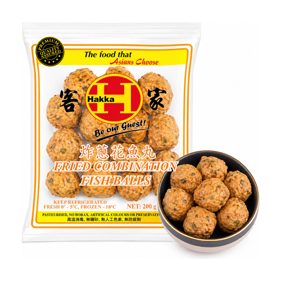 客家炸葱花鱼球200g包装袋，旁边摆放着一小碗装满的金黄酥脆鱼球，展示产品实物与包装。