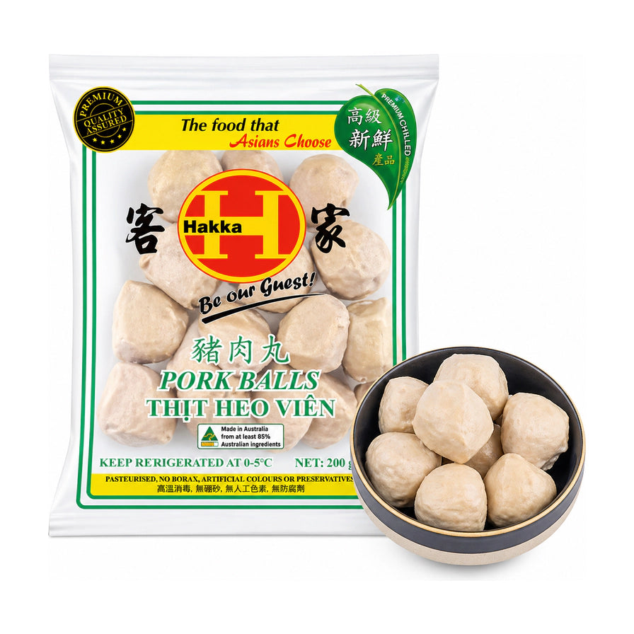 客家猪肉丸200g包装图，白色透明袋装，印有Hakka品牌标识，右侧配有一小碗煮熟的猪肉丸。