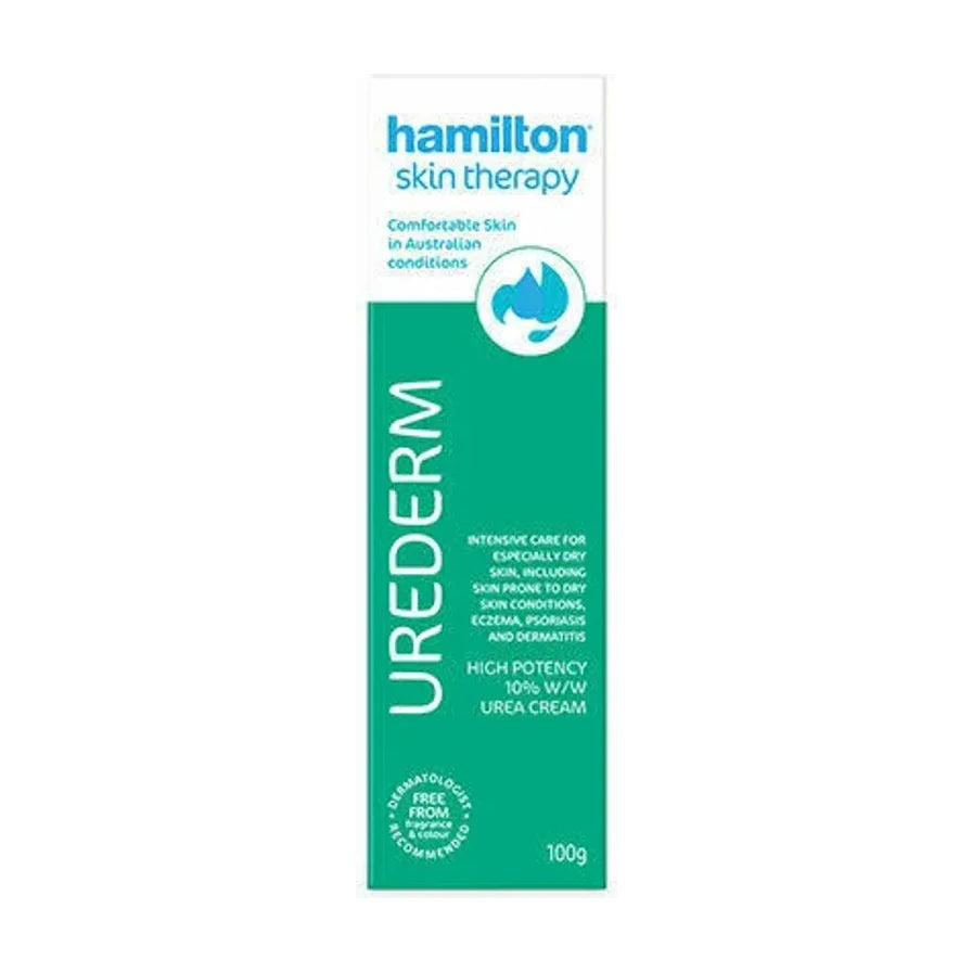 白底正面商品盒装，显示 Hamilton Skin Therapy UREDERM，标注 10% w/w Urea Cream 和 100g