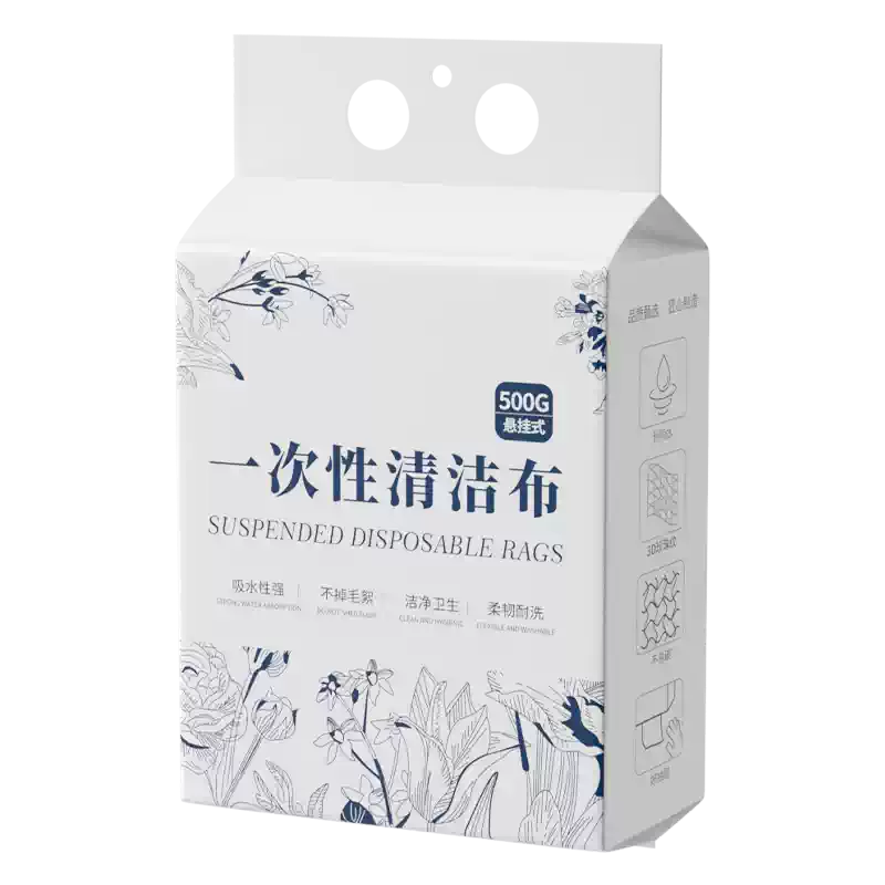 悬挂式一次性厨房清洁布包装正面，展示抽取口与挂孔设计