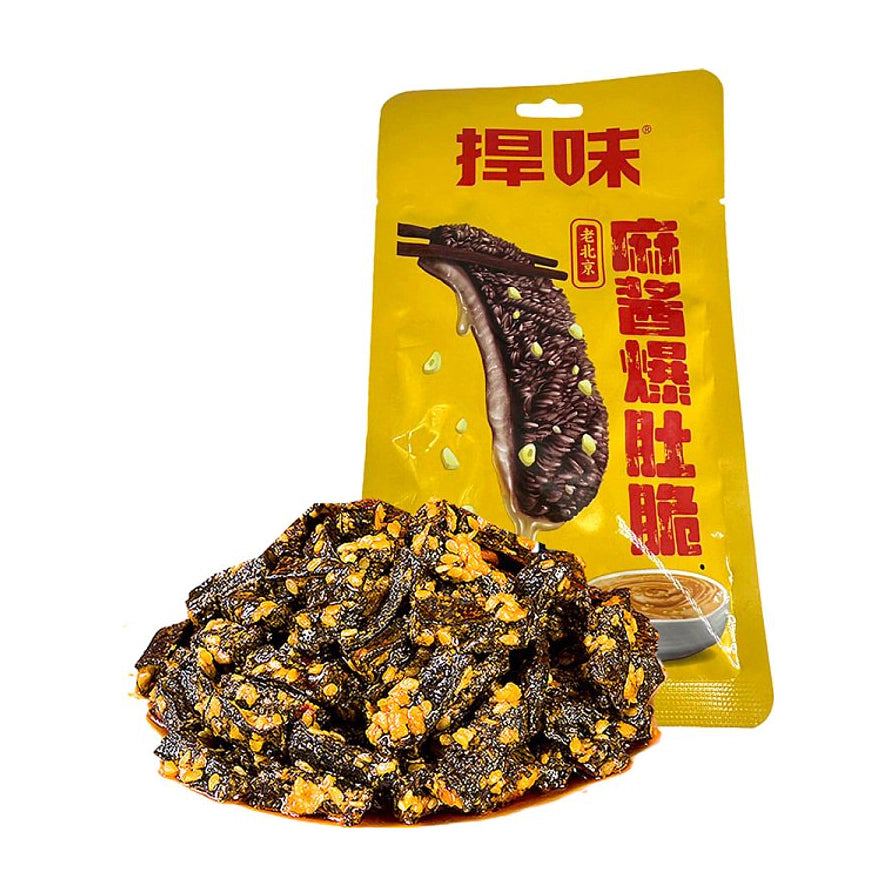 捍味麻酱爆肚脆包装袋及散装毛肚脆展示