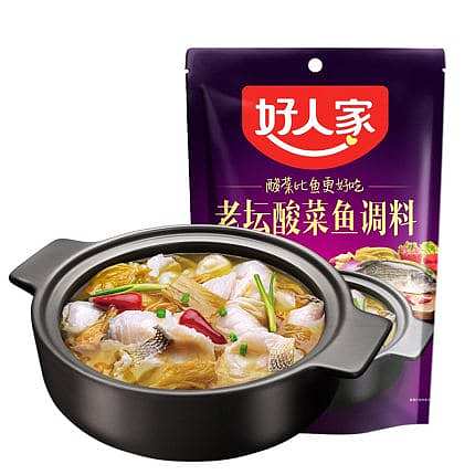 好人家老坛酸菜鱼调料 350g 包装袋正面，展示品牌与产品名称