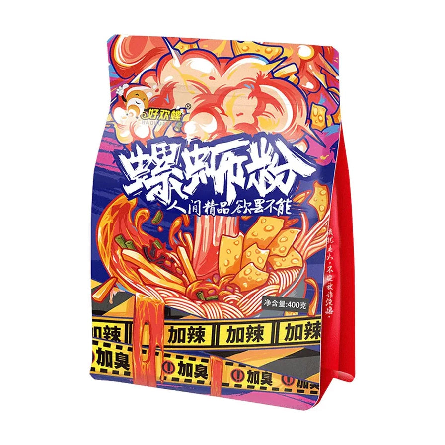 好欢螺螺蛳粉加辣版400克单包装正面图，包装印有重辣加臭标识和鲜艳的插画。