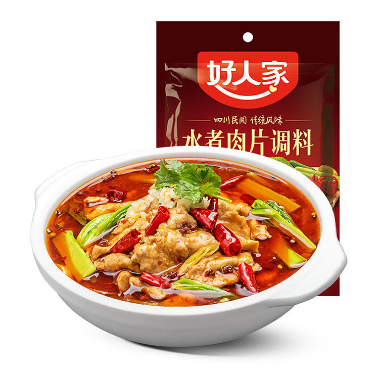 好人家水煮肉片调料 100g 包装正面图，展示四川麻辣风味复合调味料袋装外观