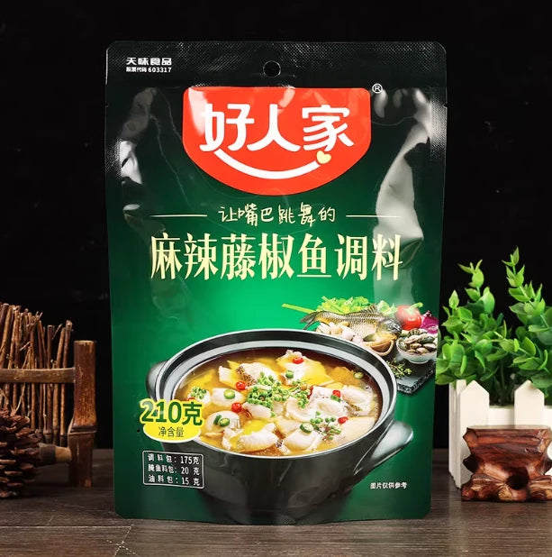 好人家麻辣藤椒鱼调料包装侧面或背面细节图，展示产品成分与食用方法说明