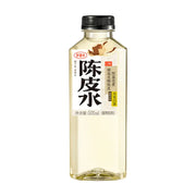 好望水陈皮水500ml瓶装，白色标签印有陈皮水大字，展示0糖、恒温泡煮、月光白茶搭配等产品信息。