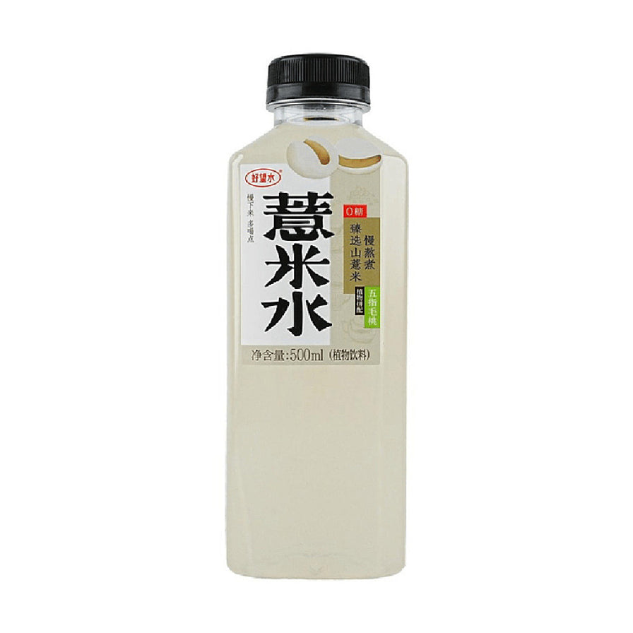好望水薏米水500ml瓶装，白色标签印有薏米水大字，展示0糖、慢熬煮、五指毛桃搭配等产品信息。