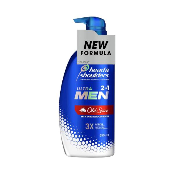 海飞丝男士 2 合 1 洗发沐浴露正面图，蓝色瓶身配泵头，标有古老香料味和 550ml 容量。