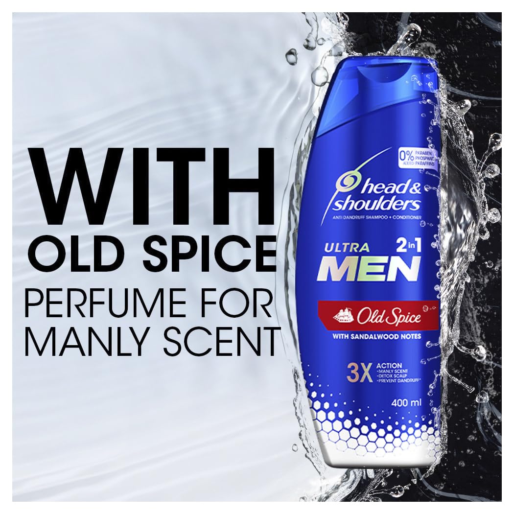 海飞丝男士沐浴露在水花飞溅背景中的展示图，左侧配有英文香氛卖点文字说明。