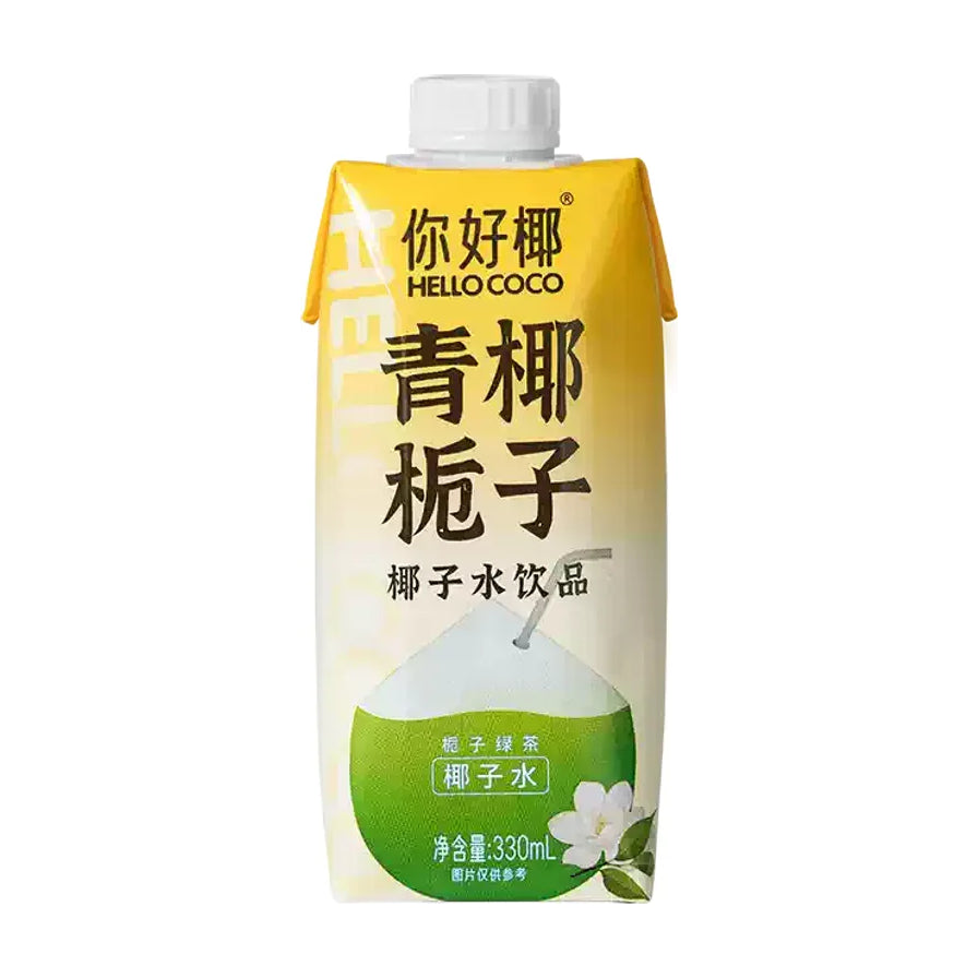 你好椰青椰栀子花茶330ml利乐包装正面图，包装上印有青椰、栀子花图案及椰子水饮品字样。