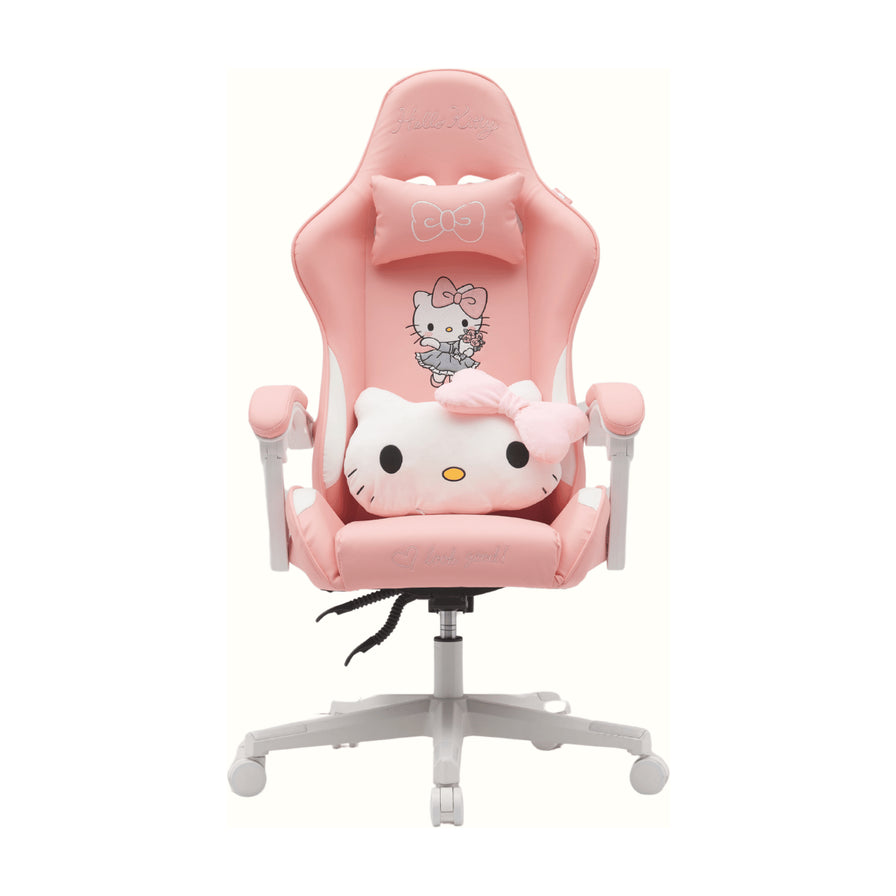 Hello Kitty 粉色人体工学电脑椅正面图，配有凯蒂猫图案靠垫和头枕，白色五爪底座。