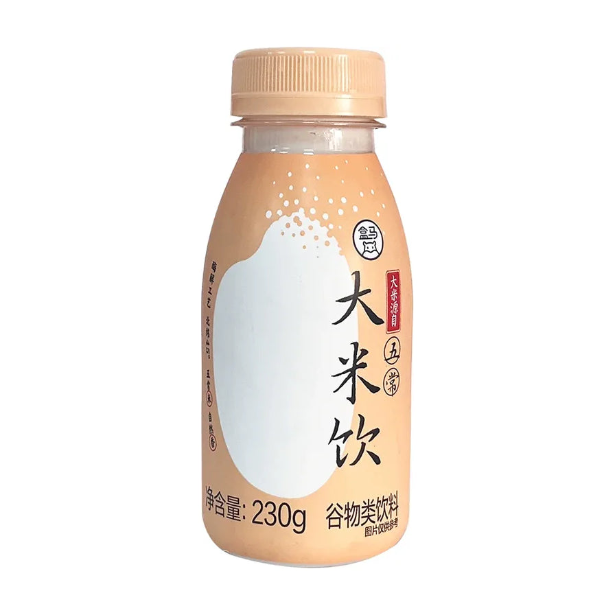 盒马大米饮230g瓶装正面图，白色背景，瓶身印有大米饮字样及五常大米来源标识。