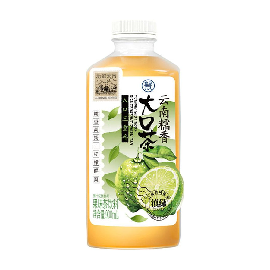 盒马云南糯香大口茶900ml瓶装正面图，包装印有柠檬图案及糯香高扬、柠檬鲜爽字样。