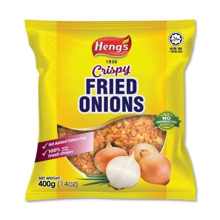 Heng's 炸洋葱 400g 包装正面图，黄色包装袋上印有 Crispy Fried Onions 字样，下方有新鲜洋葱和炸洋葱碎的图案。