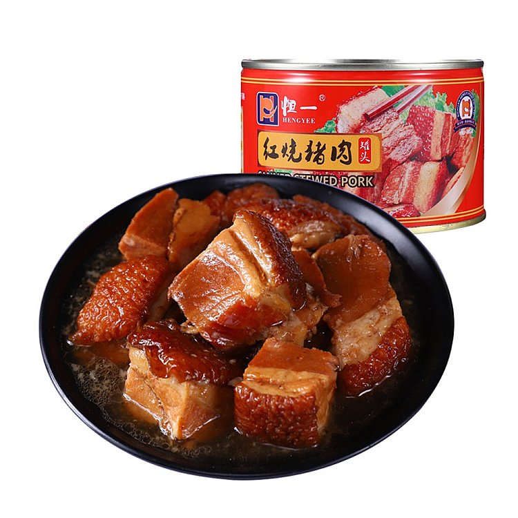 恒一红烧猪肉罐头实物图，肥瘦比例刚好，浓稠酱汁适合拌饭或煮面。