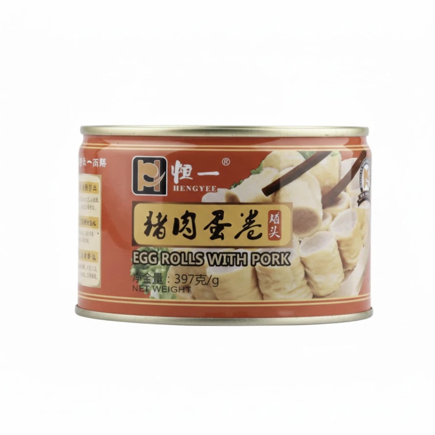 恒一猪肉蛋卷罐头正面图，397g 包装展示金黄蛋皮包裹肉馅的即食食材