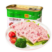 恒一精制火腿猪肉罐头 340g 正面包装图，银色易拉环金属罐身展示品牌与产品信息。
