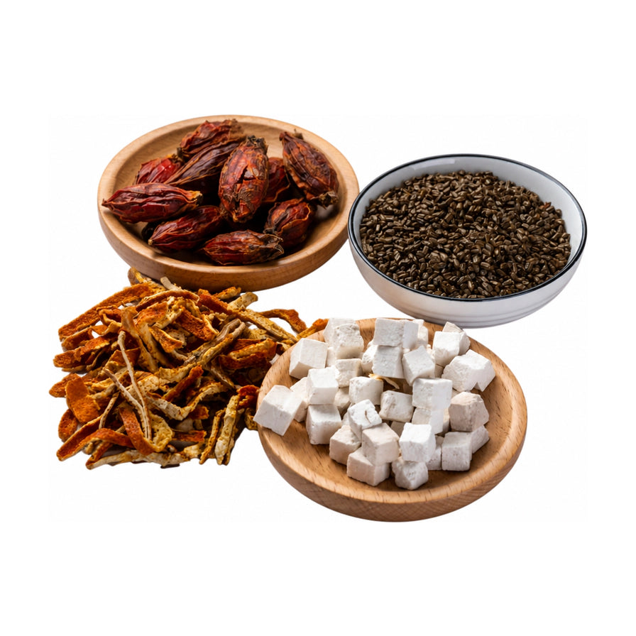 白底背景上展示的古法祛湿茶原材料，包括茯苓块、陈皮丝、芡实和赤小豆等汉方中药材。