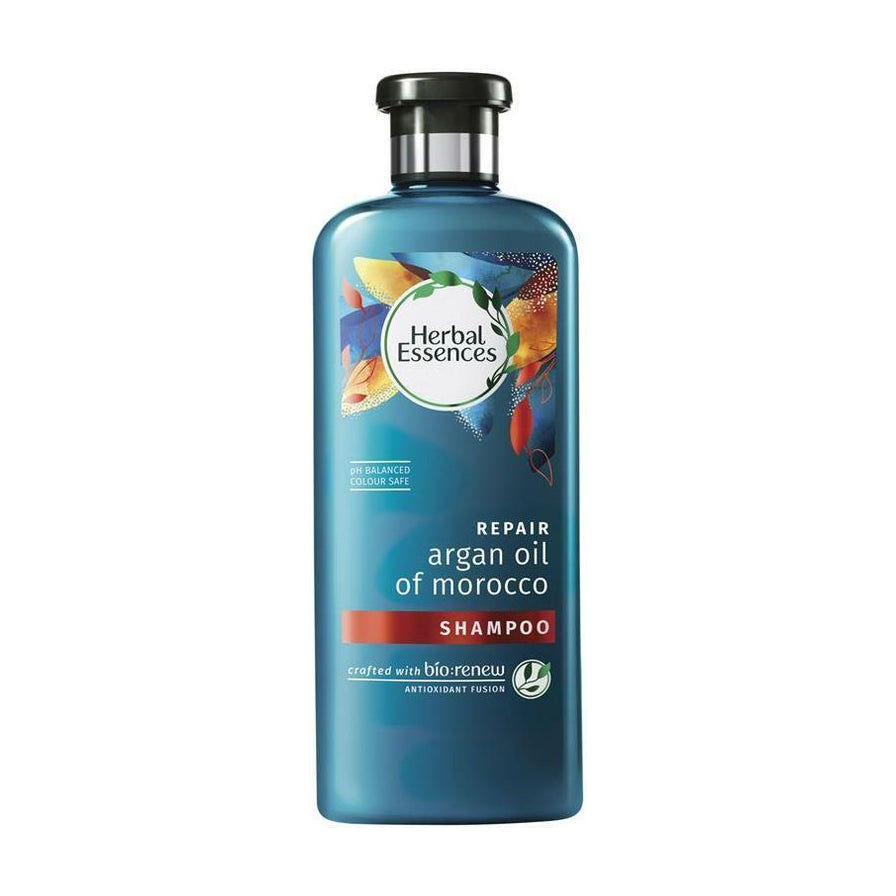 Herbal Essences 摩洛哥坚果油修护洗发水单瓶正面特写，蓝色瓶身。