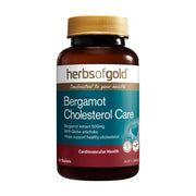 和丽康佛手肝片瓶装正面图，白色标签上印有 Bergamot Cholesterol Care 字样，包含 60 粒片剂。