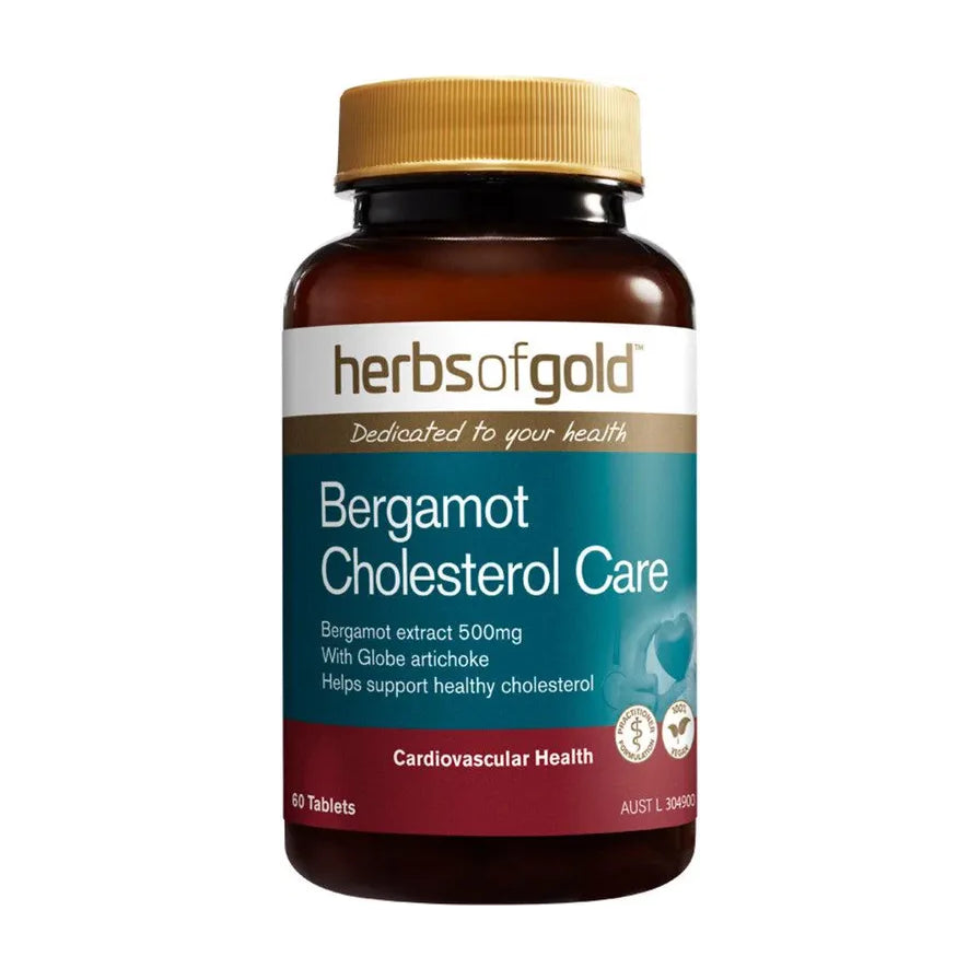 和丽康佛手肝片瓶装正面图，白色标签上印有 Bergamot Cholesterol Care 字样，包含 60 粒片剂。