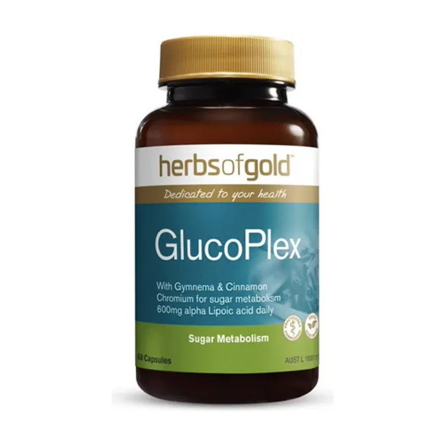 Herbs of Gold GlucoPlex 60粒装瓶装正面图，展示品牌名、产品名及Sugar Metabolism字样。