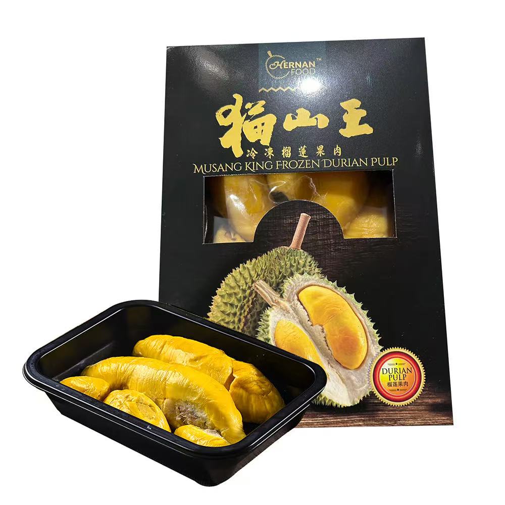 和南 D197 猫山王冷冻榴莲肉包装正面，深黄色果肉透过透明窗口清晰可见