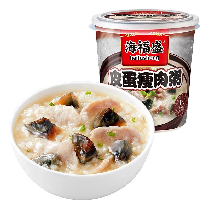 海福盛皮蛋瘦肉冻干粥杯装正面，包装显示真实肉粒与皮蛋