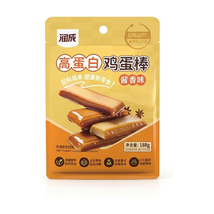 润成高蛋白鸡蛋棒酱香味包装正面图，展示了Q弹有嚼劲的鸡蛋干条，包装上标有高蛋白、0防腐剂、净含量188g等信息。