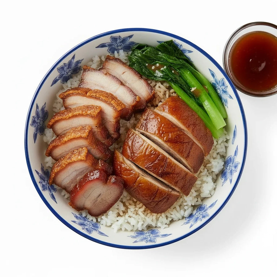 港式双拼烧味饭近景，展示金黄酥脆的烧肉与油亮的烧鸭双拼，搭配翠绿时蔬与饱满米饭。