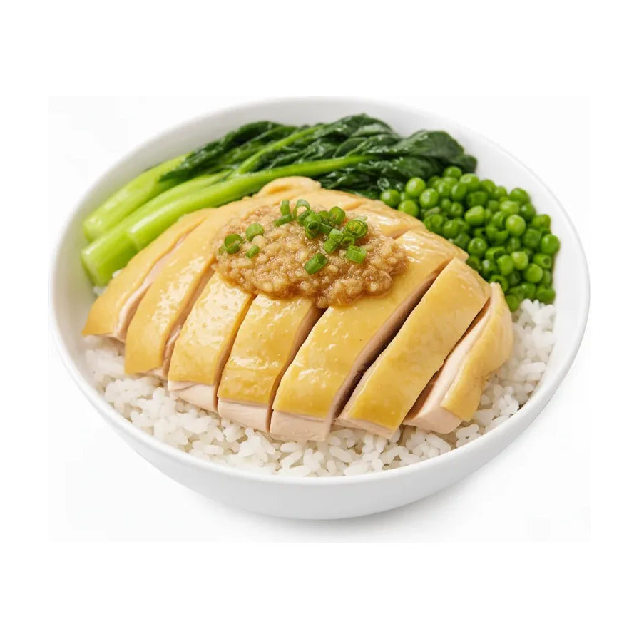 港式烧鸡饭便当，包含切件烧鸡、姜蓉、白米饭、菜心和豌豆，白色背景俯视图。
