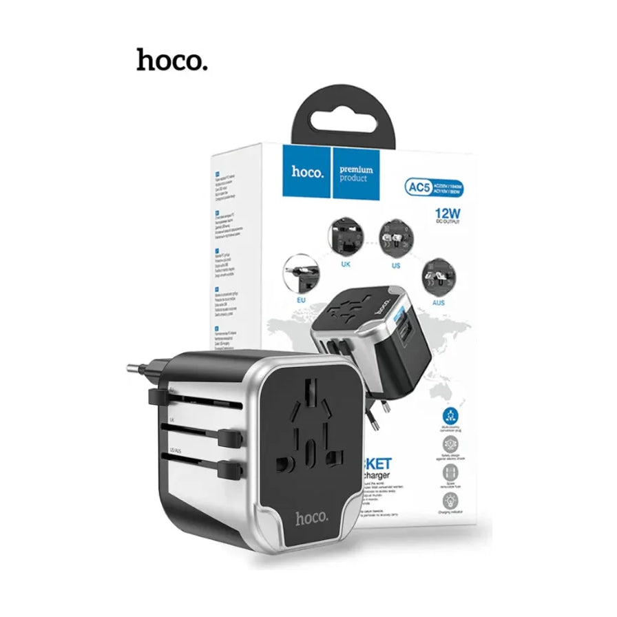 hoco 浩酷 AC5 旅行转换插头及其包装盒，包装上展示了 12W 双 USB 输出及多国插头兼容示意图。