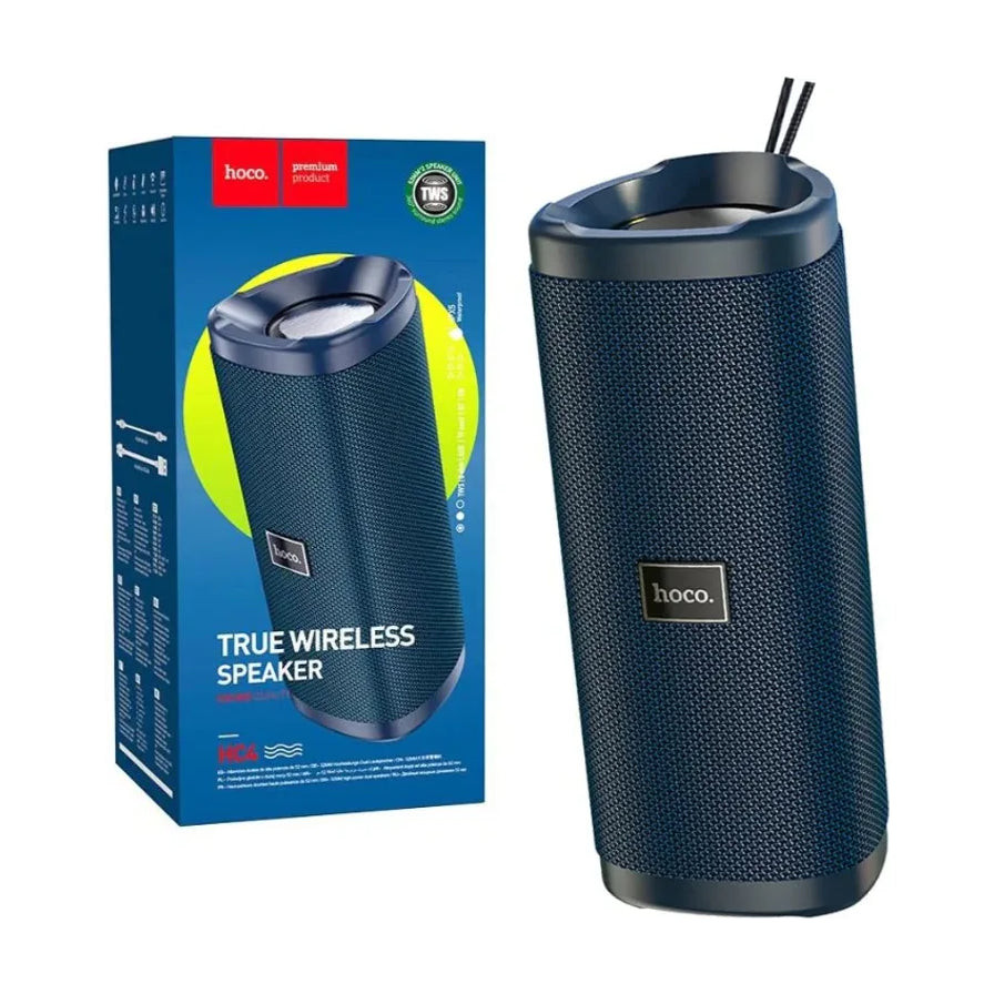 HOCO 蓝色无线蓝牙音箱及其蓝色包装盒，包装盒上印有 TRUE WIRELESS SPEAKER 字样。