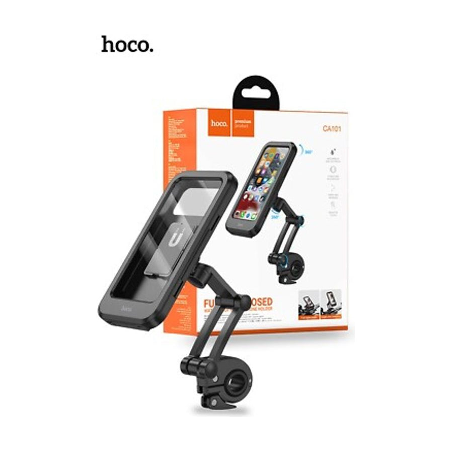 HOCO CA101 手机支架实物与包装盒展示，包装盒上印有产品型号及使用示意图。