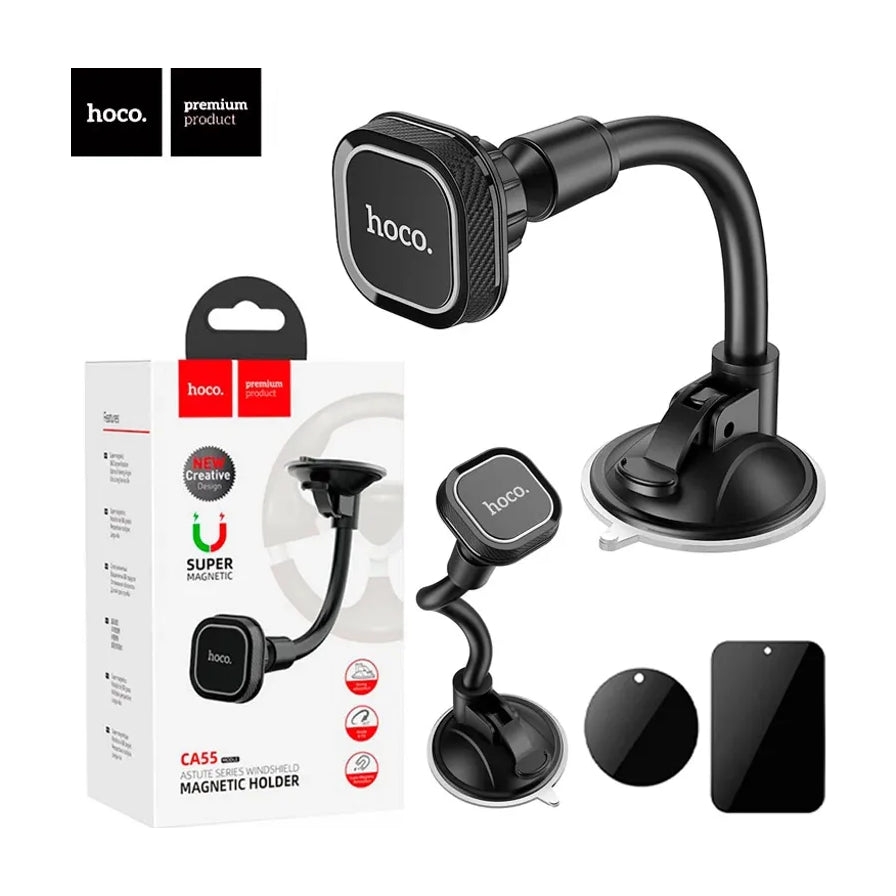 HOCO CA55 磁吸车载手机支架全套配件展示，包括支架主体、包装盒以及两枚用于粘贴在手机背面的引磁片。