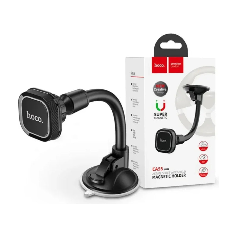 HOCO CA55 黑色磁吸车载手机支架及其白色外包装盒，展示了支架的吸盘底座、可调节长臂和磁吸头部。