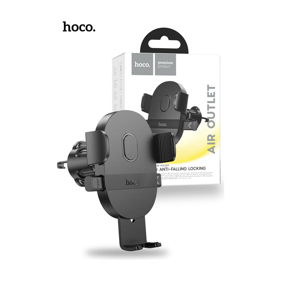 hoco. H18 黑色车载出风口手机支架及其白色包装盒，展示机械锁紧结构和防滑夹臂。